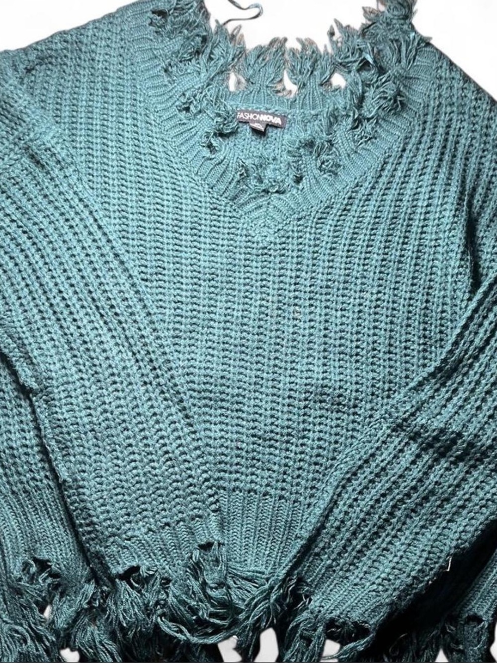 Fashion Nova Teal Distressed V-Neck Knit Sweater